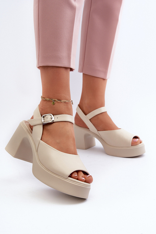 Women's Leather High Heel Sandals by Vinceza 66627 Beige