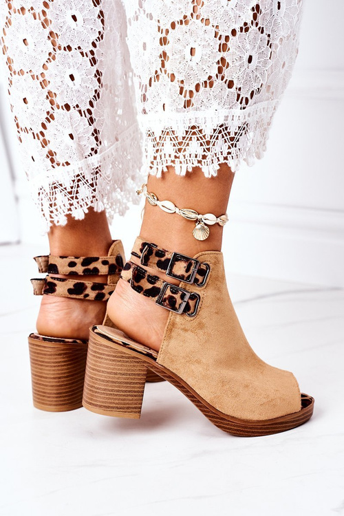 Suede Sandals On A Block Heel Lu Boo Camel Leopard