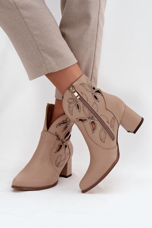 Leather Openwork Women's Ankle Boots On Heel Zazoo 3647 Light Beige