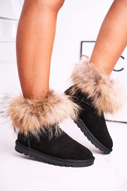 Women's Leather Snow Boots With Eko Fur Black Alexa