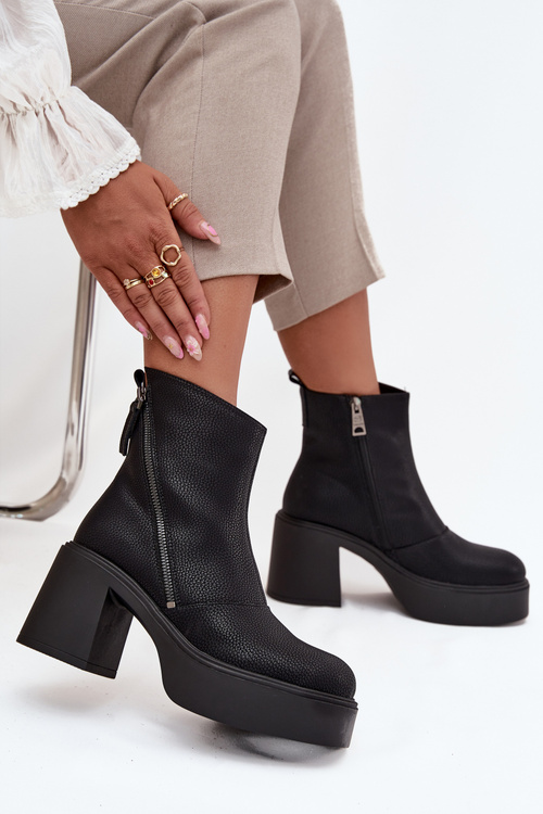 Leather Insulated Women's Ankle Boots with Heel and Platform Vinceza 66831 Black