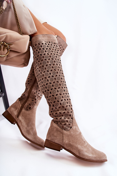 Openwork Suede High Boots Dark beige Pointe