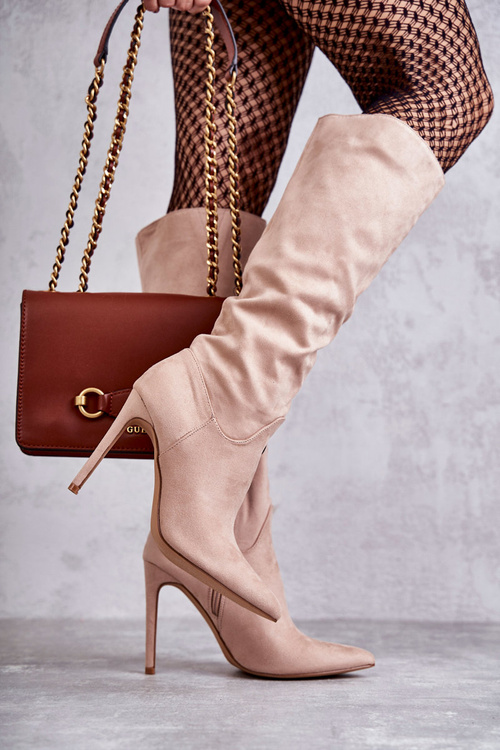 Kozaki Klasyczne Zamsz Szpilka Beżowe Ameya