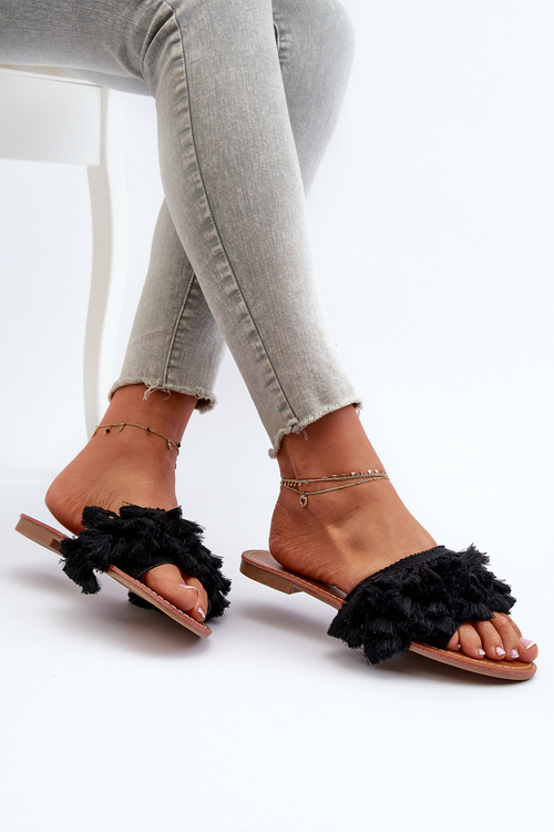 Women's Flat Sandals with Fringes Black Rialle