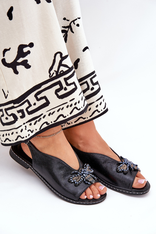 Shiny Women's Sandals With Decoration Flat Black Russona