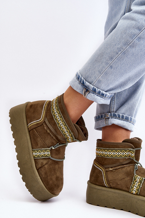 Women's snow boots with thick sole and laces, green Milson