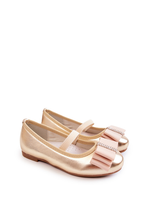 Leather Children's Ballerinas With A Decorative Bow Gold Claril