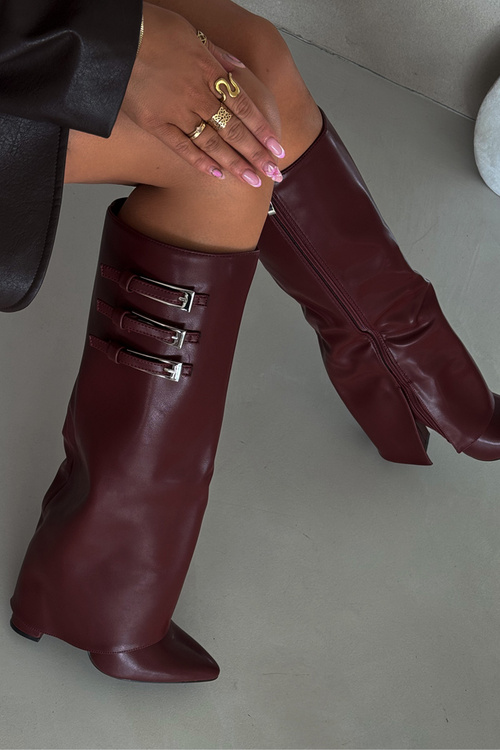 Women's Heeled Boots Turned Shaft Straps With Buckles Burgundy Nirisa
