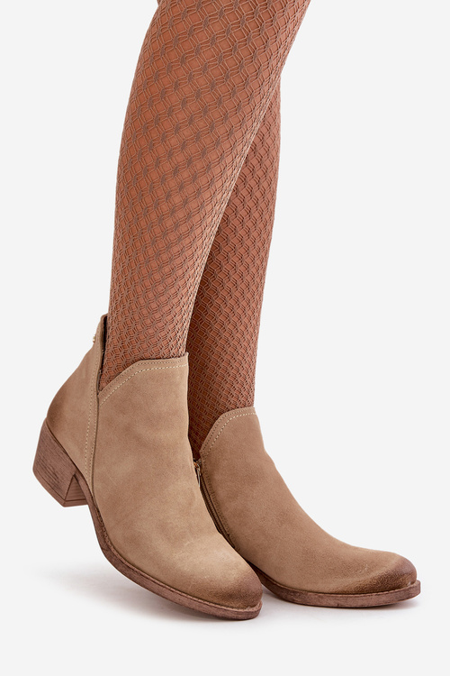 Botki Zamszowe Damskie Niski Obcas Ocieplane Na Zamek Beżowe Zazoo 60475