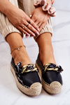 Espadryle Skóra Damskie Ozdobny Łańcuch Czarne Fancy