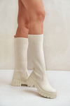 Knee Boots With Elastic Shaft On Flat Heel Light Beige Mesidra