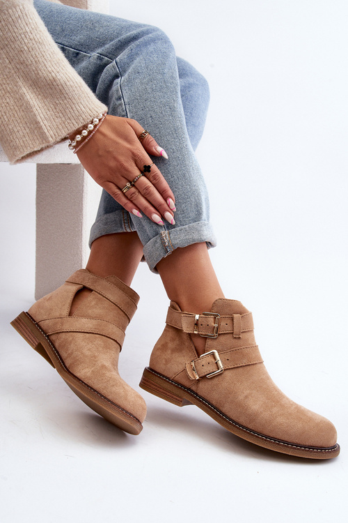 Botki Damskie Płaski Obcas Paski Beżowe Melviana A2901-63