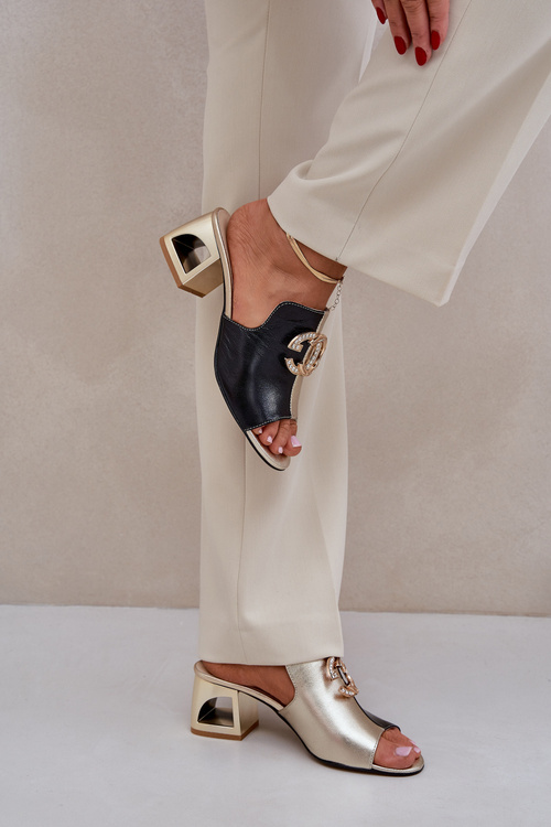 Klapki Damskie Skóra Naturalna Obcas Eleganckie Czarno-Złote Laura Messi 2875