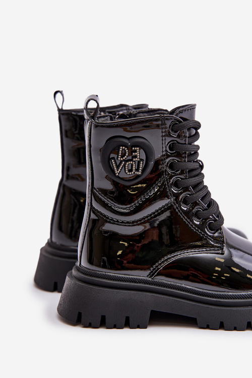 Botki Dziewczęce Lakierowane Ocieplane Futerkiem Zamek Czarne Evaliraea