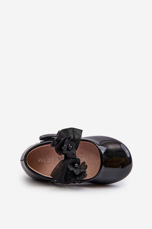 Black Glossy Children's Ballerina Flats With Velcro Strap And Bow Olessa