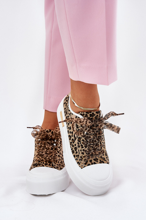 Niskie Trampki Z Ozdobnym Sznurowaniem Na Platformie Panterka Brązowe Zidora