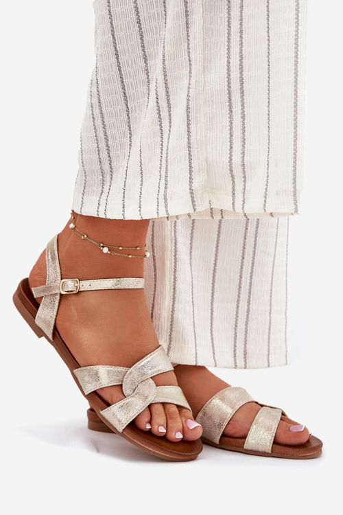 Sandały Damskie Połyskujące Płaskie Złote S.Barski KV51-022