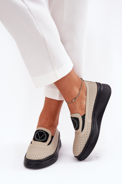 Womens Leather Moccasins On Platform And Wedge Vinceza 79522 Beige