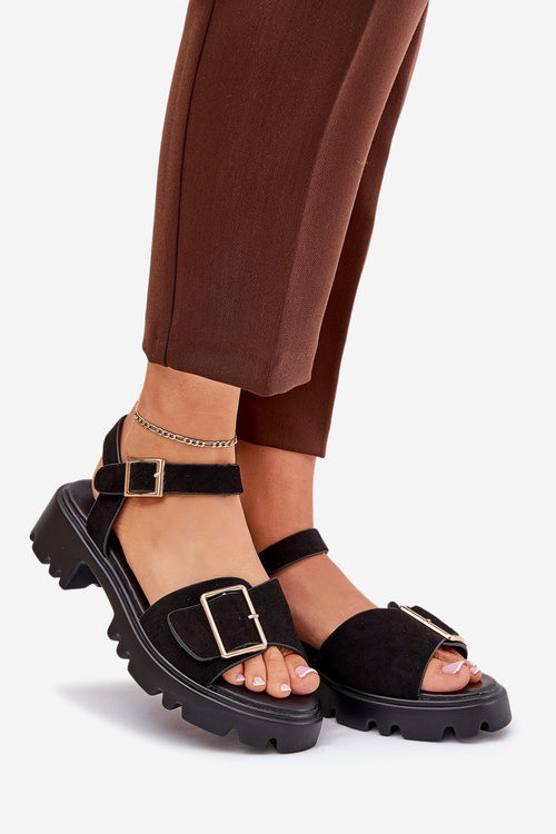 Damskie Sandały Z Eko Zamszu Na Platformie I Płaskim Obcasie Z Klamrą Czarne Gofielle