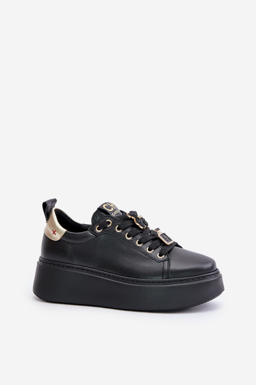 Damskie Sneakersy Przypinki Skóra Naturalna Platforma Czarne CheBello 4596