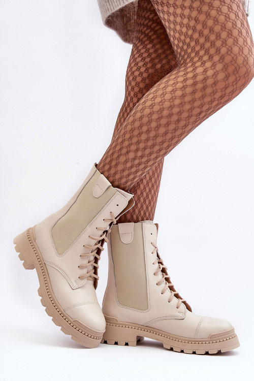 Leather Women's Lace-Up Ankle Boots Beige Nicole 2836