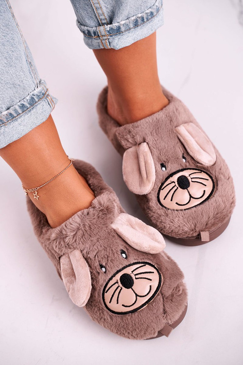 Women's Home Furry Mouse Slippers Beige Home Sweet Home
