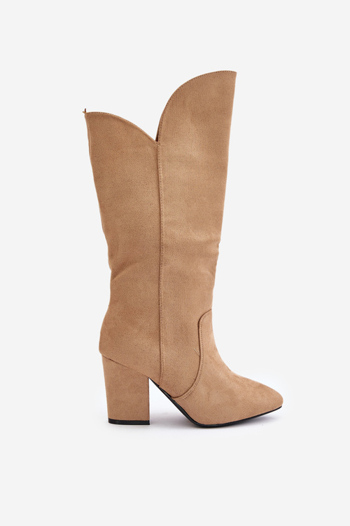 Knee High Block Heel Boots Made Of Eco Suede Beige Clorira