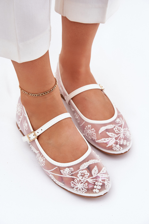 Mesh Ballet Flats With Embroidery And Decoration White Tillilora
