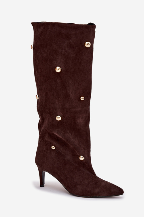 Slip On Women's Boots On Heel With Gold Decorations Chocolate Thaliane