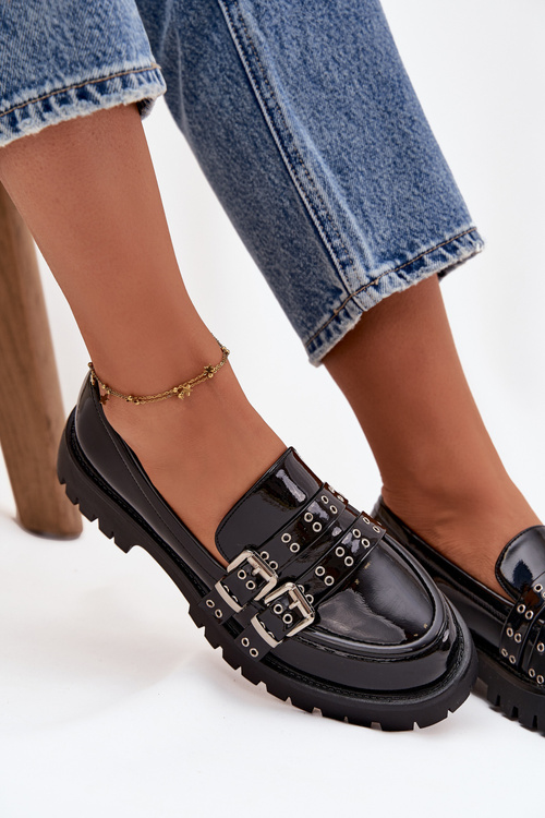 Damskie Lakierowane Mokasyny Z Ozdobnymi Paskami I Klamrami Czarne Gabrisse