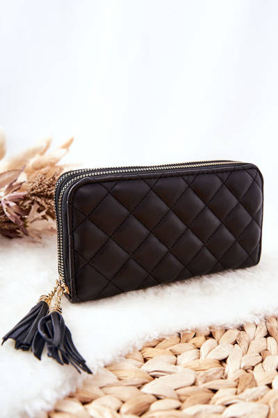 Large Quilted Wallet with Zips Black