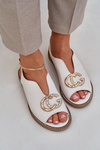 Leather Sandals On A Flat Heel With Decoration Light Beige Laura Messi 2865