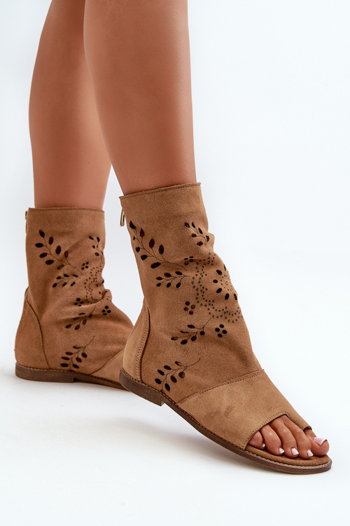 Zazoo 3437 Women's Suede Sandals with Zippered Shaft Camel