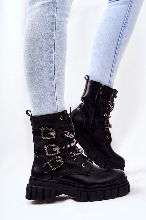Tiered Boots with Chain Buckle Black Reiloy