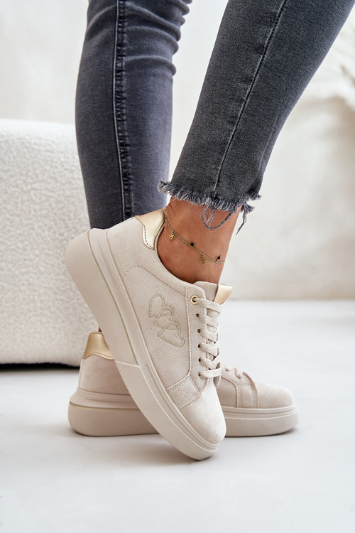 Sneakersy Z Sercami Na Platformie Eko Zamszowe Damskie Beżowe Avirorae