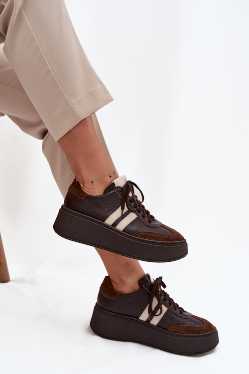 Damskie Sneakersy Skóra Naturalna Platforma Czekoladowe Zazoo 3775