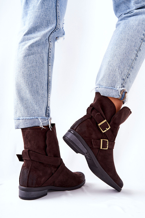 Suede Booties with Buckles Brown Renisse