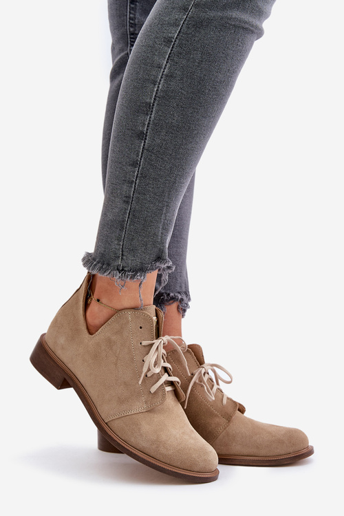 Zazoo 2959 Suede Oxford Shoes Lace-Up Flat Heel Beige