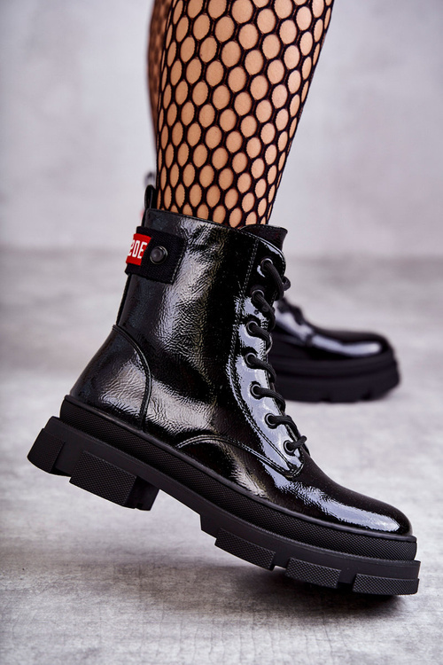 Women's Lacquered Boots Lace-up Workers Black Conny