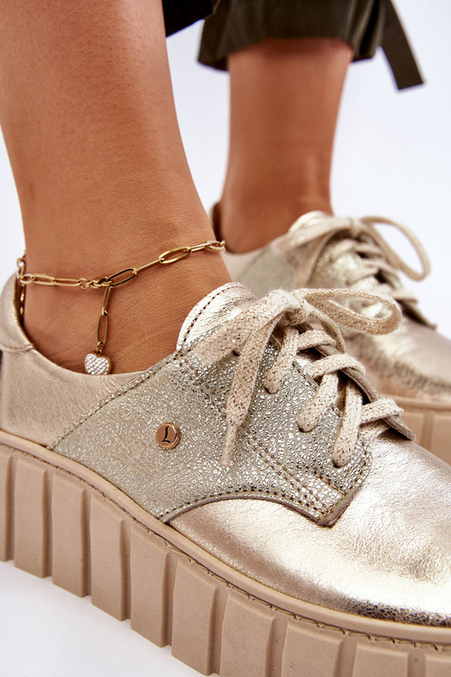 Półbuty Skórzane Masywna Platforma Złote Zazoo 10128