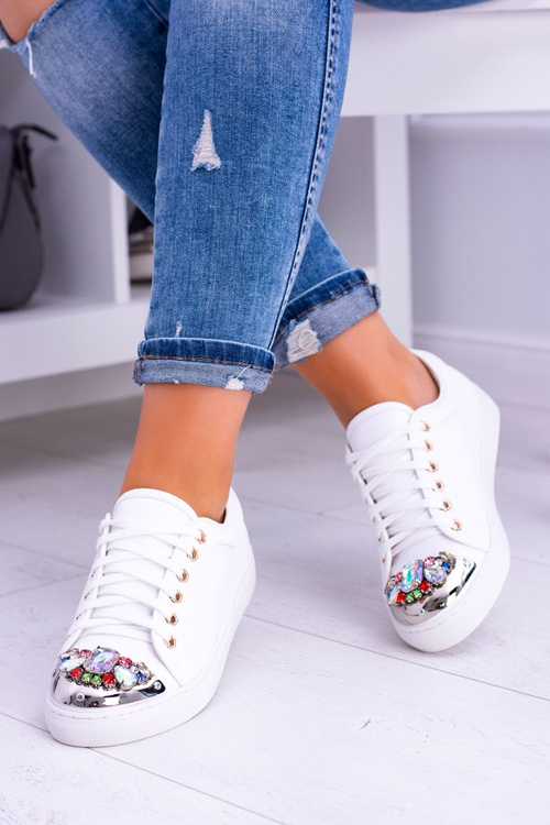 Lu Boo White Sneakers with Shiny Crystals