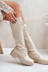 Women's Sock Boots with Laces on Flat Heel Beige Vamisha