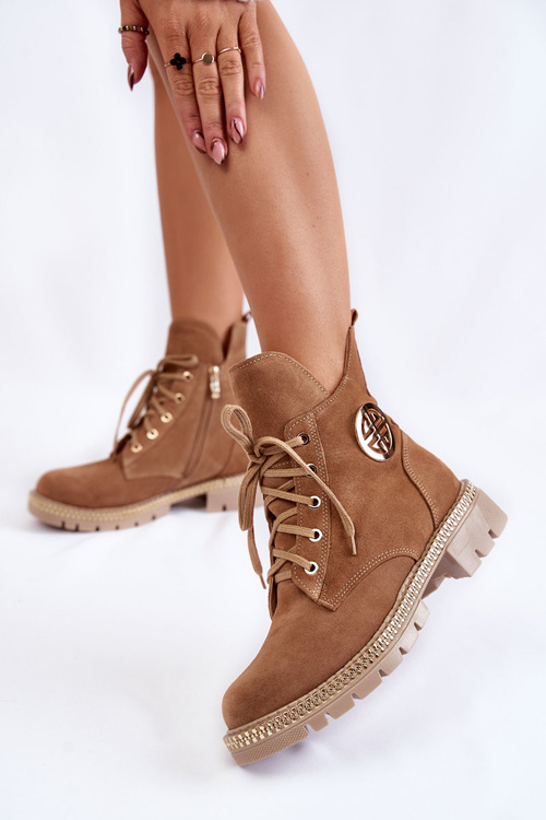 Botki Damskie Ocieplane Suwak Camel Sinem