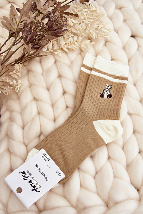 Women's Socks with Stripes and Bunny Beige