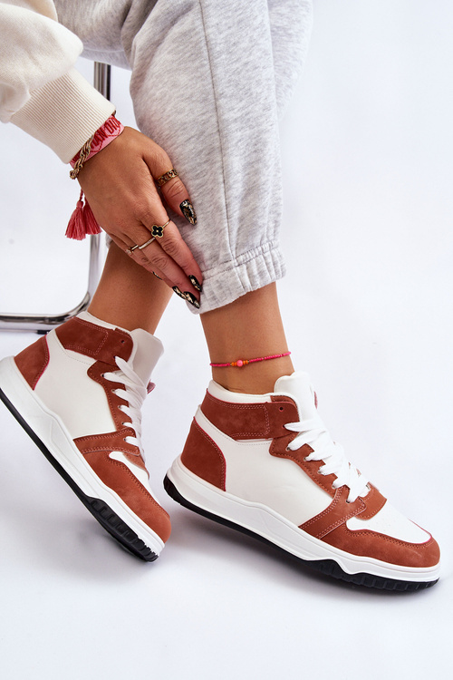 Buty Sportowe Trampki Wysokie Damskie Biało-Camelowe Rumour
