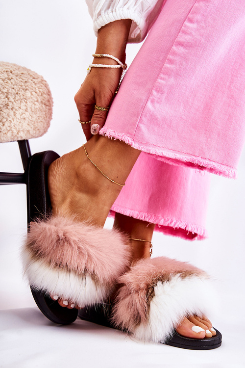 Slippers With Natural Fur White and pink Naturis