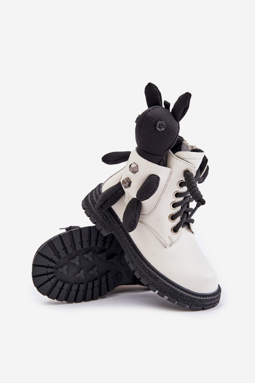 Leather Insulated Children's Boots With Zipper And Bear White Vinceza 36261