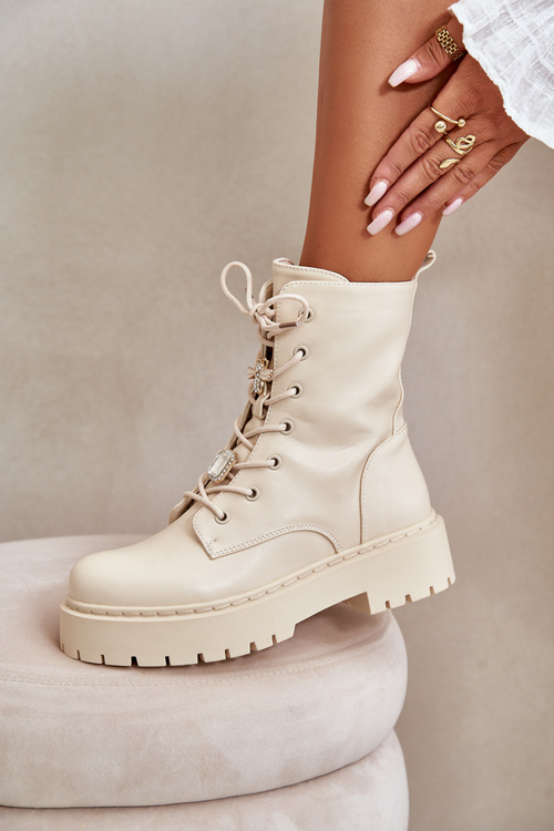 Warm Ankle Boots Workers Women With Accents Beige Avorira