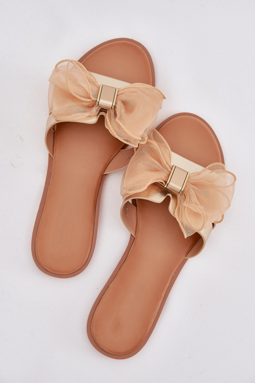 Ladies flat sandals with tulle bow gold Tanira