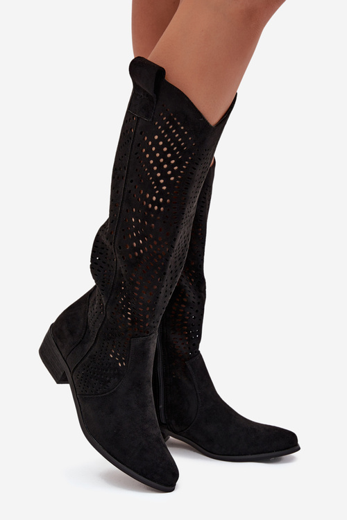 Openwork Women's Knee-High Block Heeled Boots Black Fioris